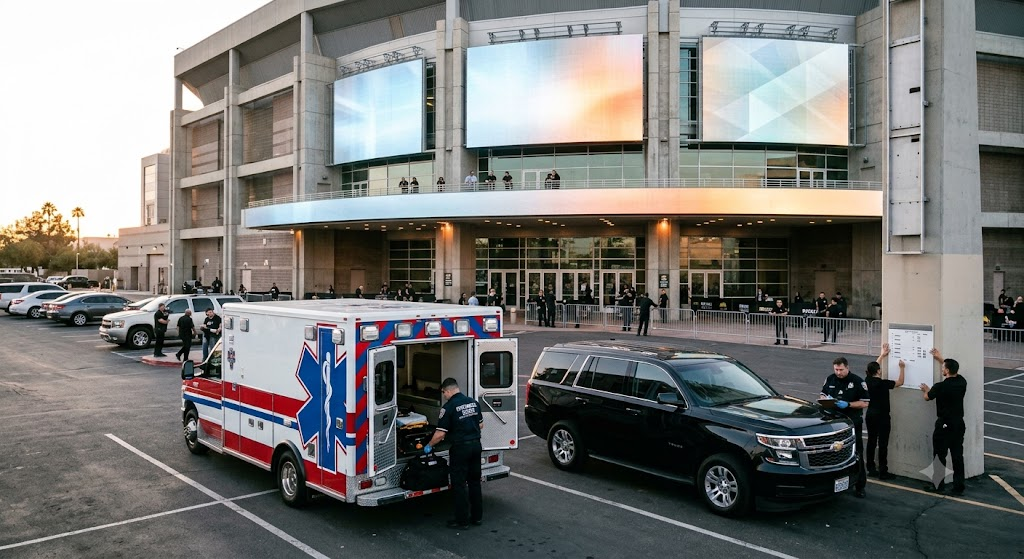 Paramedic unit and ambulance parked outside a venue before a bare knuckle boxing card