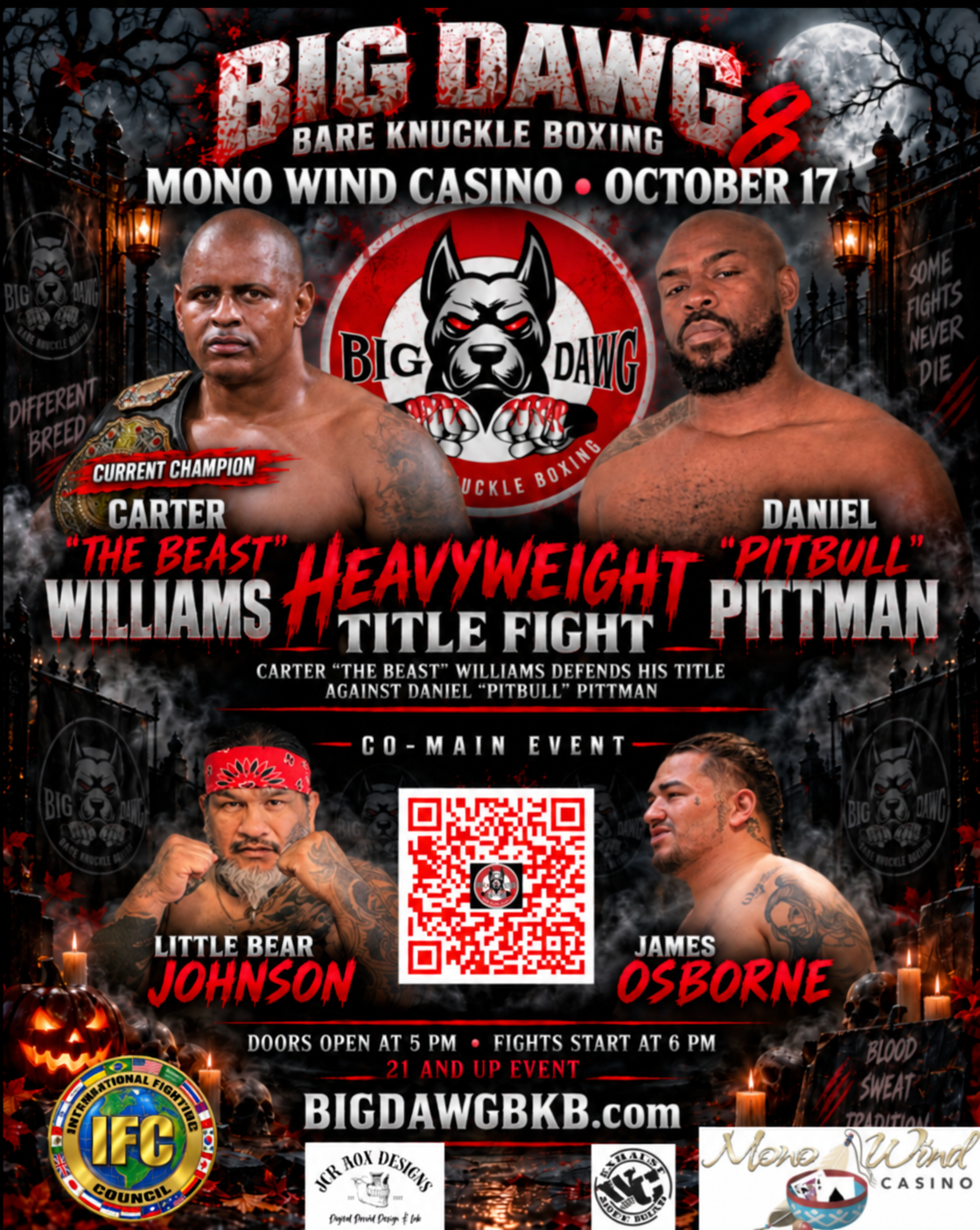 Official fight poster for BDBKB 8: Williams vs. Pittman at Mono Wind Casino on October 17, 2026