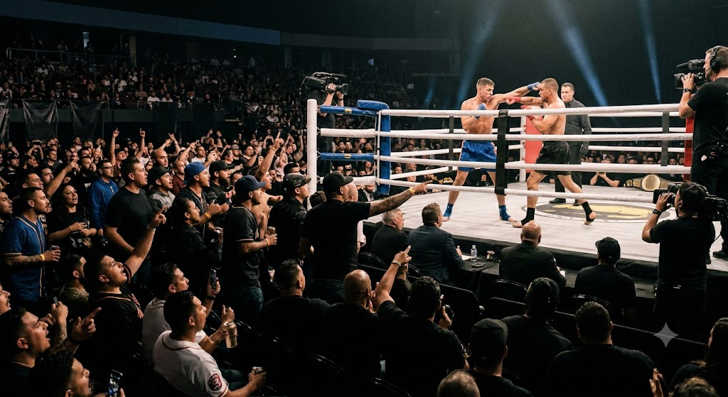 Packed Fresno-area crowd watching a sanctioned bare knuckle title fight from close ringside seats
