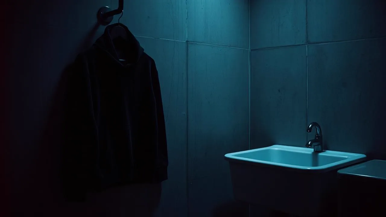 A black hoodie hanging beside a washing basin in a dim concrete laundry room
