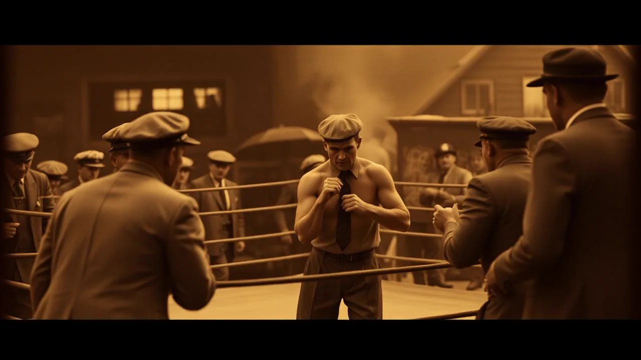 Sepia archival scene of an outdoor prizefight with a crowd in flat caps
