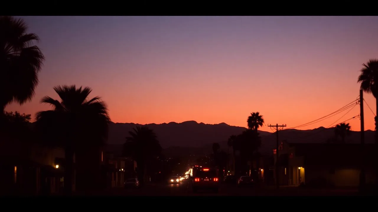 Central Valley town street at dusk with palms silhouetted against a red sky