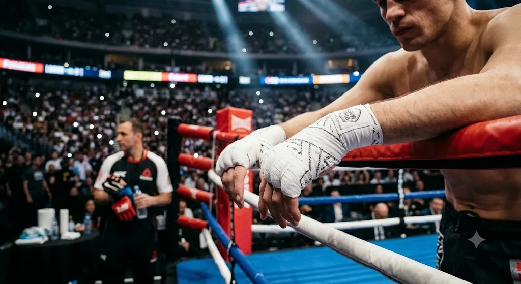Fighter's wrapped hands resting on the ropes before a bout