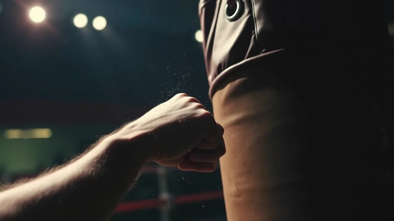 A bare fist striking a canvas heavy bag with dust in the air