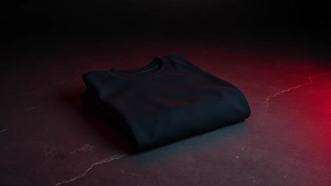 A folded black heavyweight cotton t-shirt on dark concrete with red side light