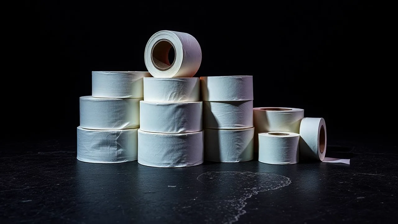 Stacked rolls of white boxing gauze and zinc oxide tape on black concrete