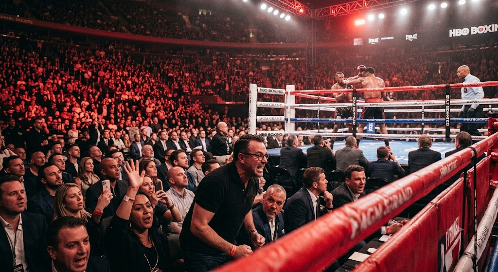 Ringside seating with spectators watching a lit ring from a few feet away