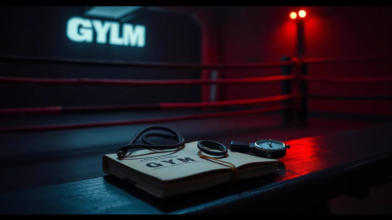 A gym notebook, jump rope and stopwatch on a dark bench in a red lit boxing gym