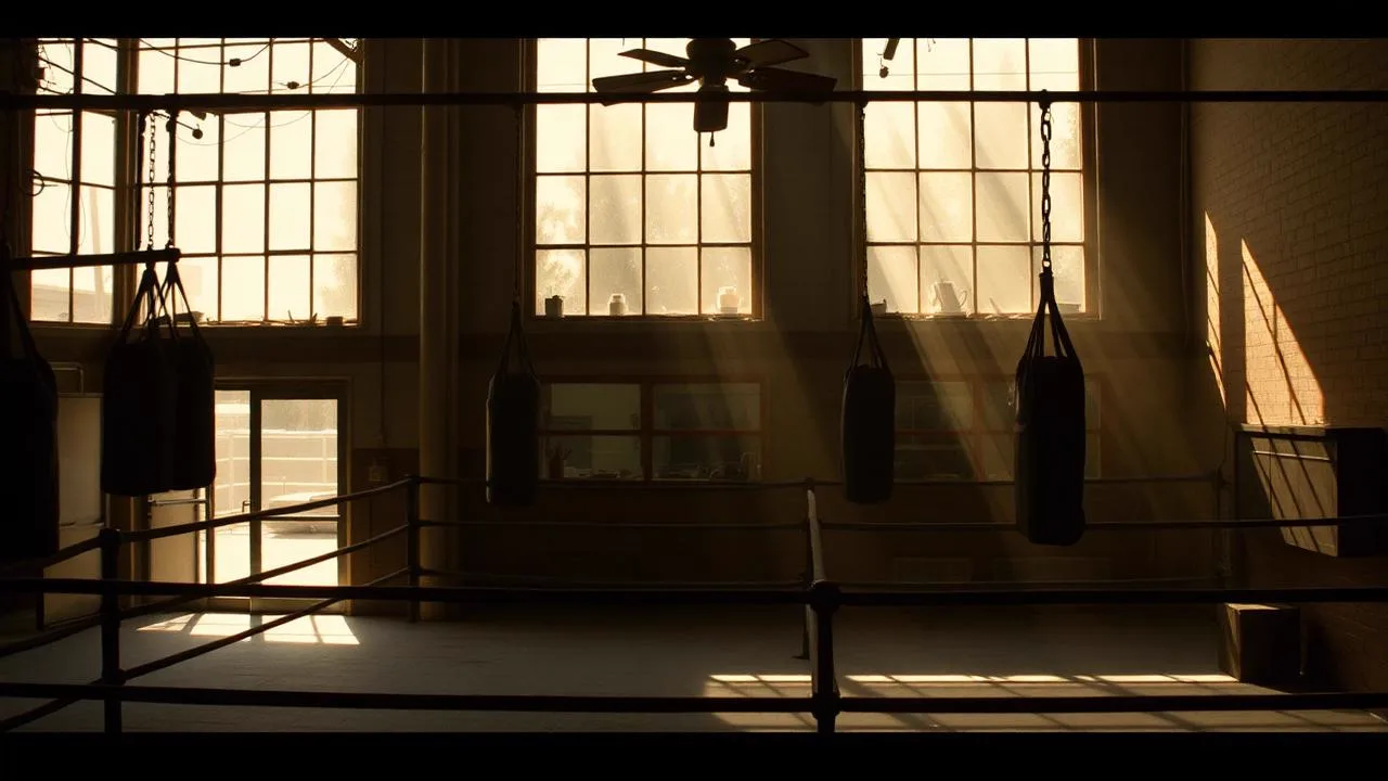 An old Central Valley boxing gym with heavy bags and dusty light through high windows