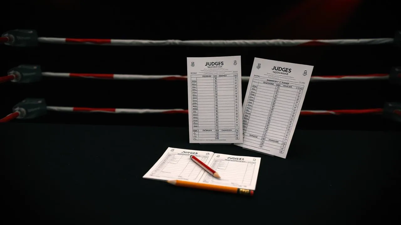 Blank judges scorecards and a pencil on a dark table beside a boxing ring