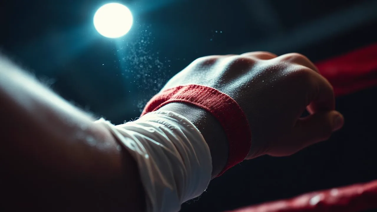 Close-up of a fighter's hand being wrapped in white gauze under a dim overhead light