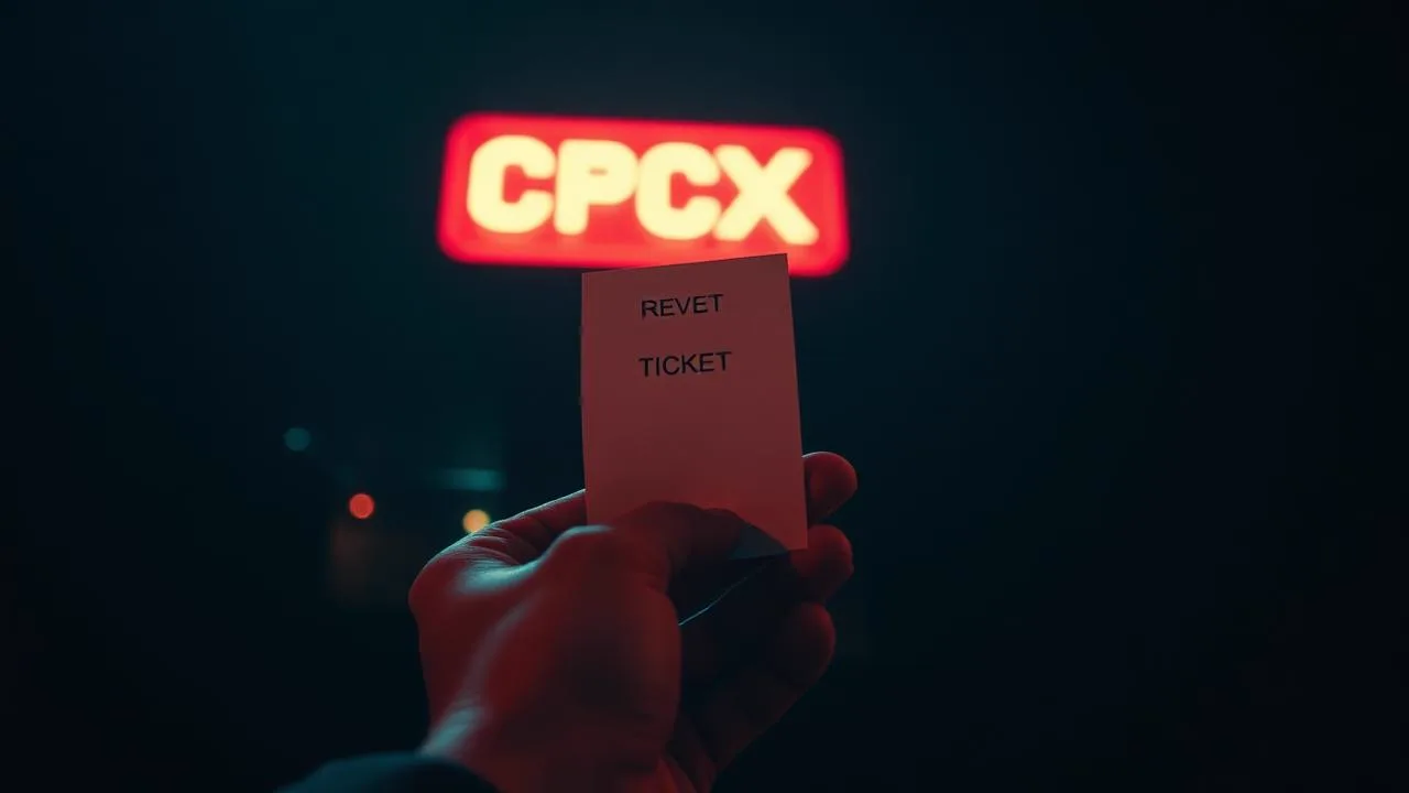 A hand holding a blank ticket stub under a red box office light at night