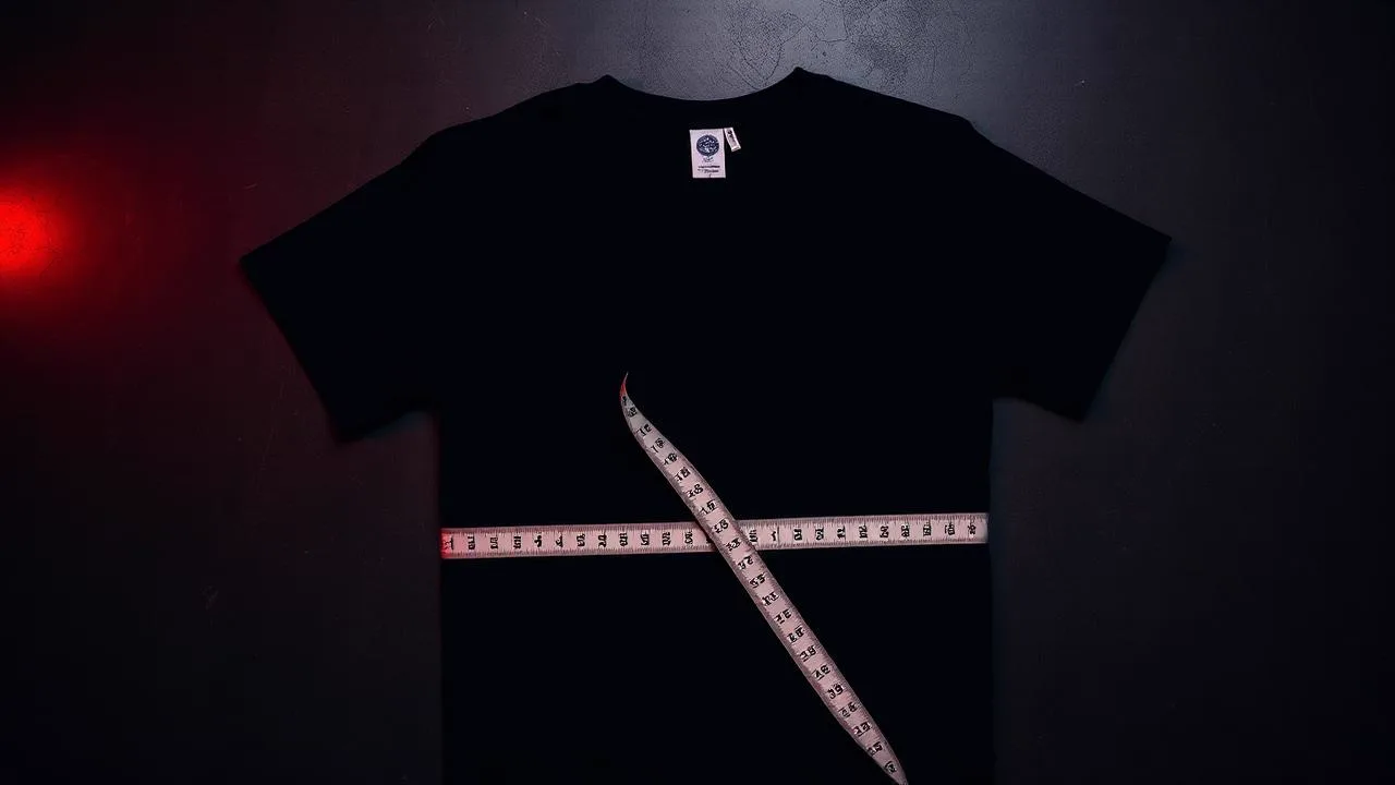 A black t-shirt laid flat with a measuring tape across the chest