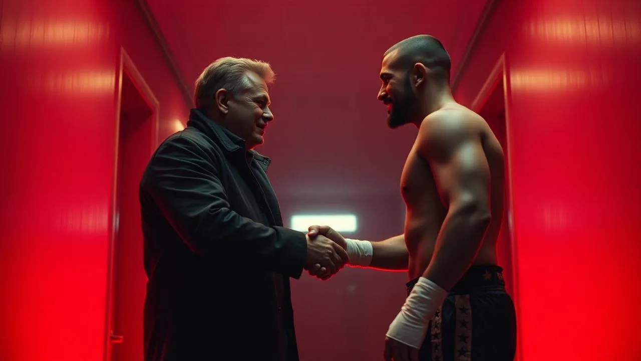 A promoter and a fighter shaking hands in a red-lit arena corridor