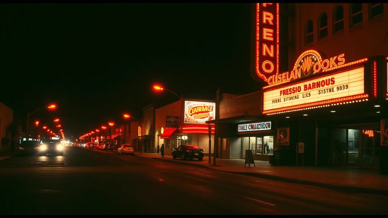 Downtown Fresno street at night with a lit marquee and red streetlight glow
