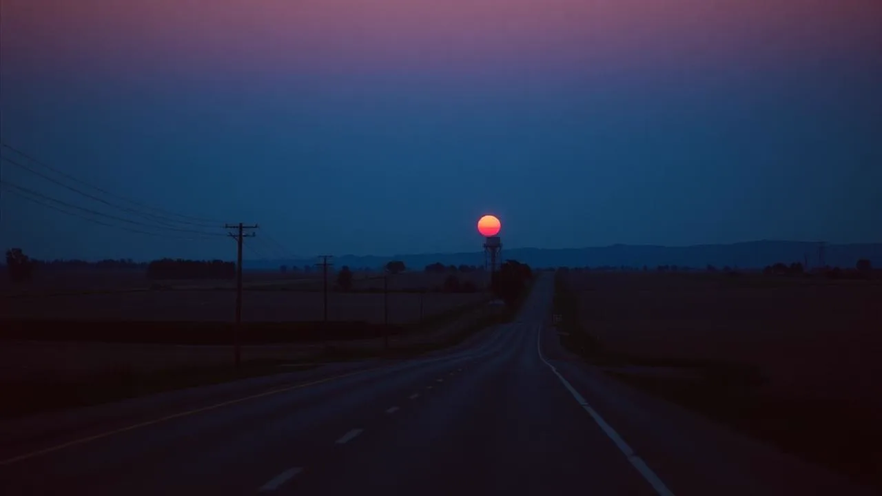 A Central Valley farm road at dusk with a water tower against a red sunset