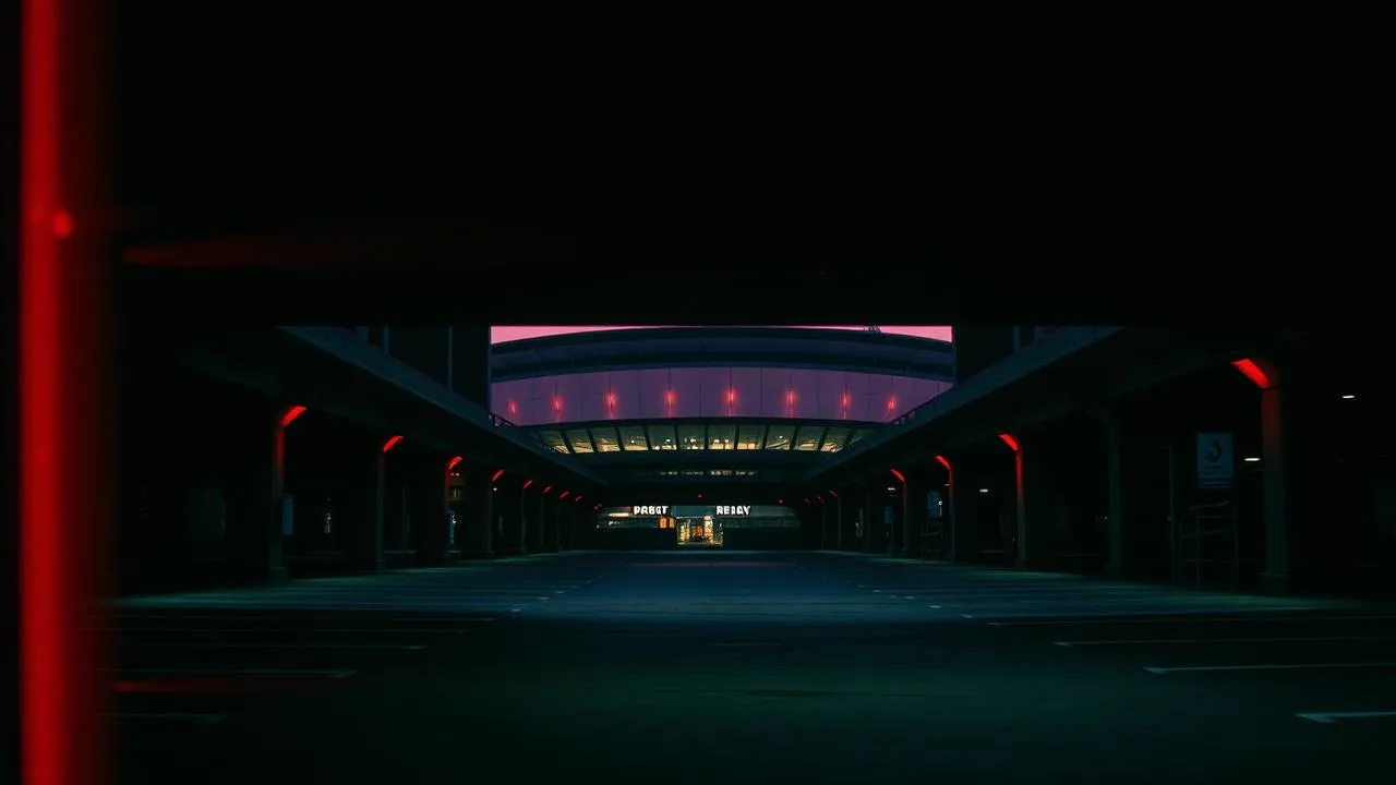 Empty downtown parking structure at night with red light spill and an arena beyond