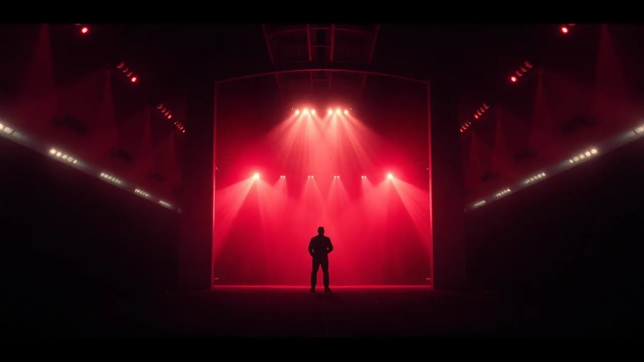 A fighter silhouetted at the mouth of a red-lit arena tunnel