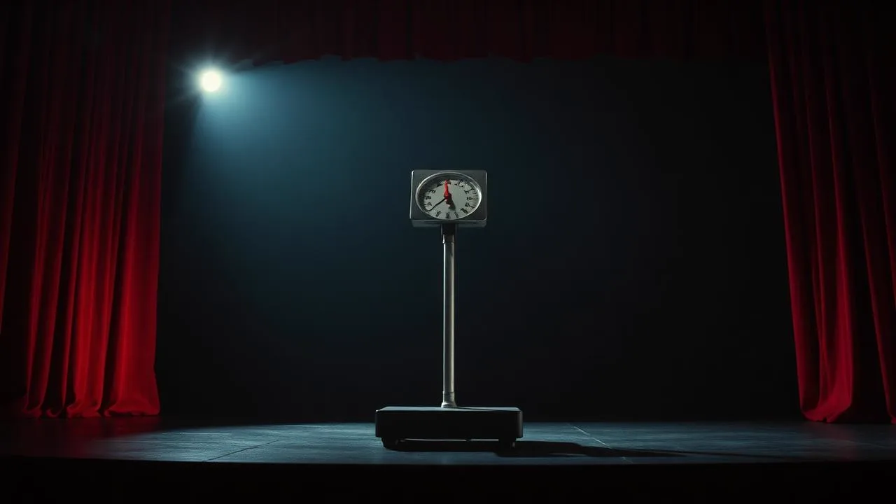 A weigh-in scale alone on a dark stage under a hard spotlight