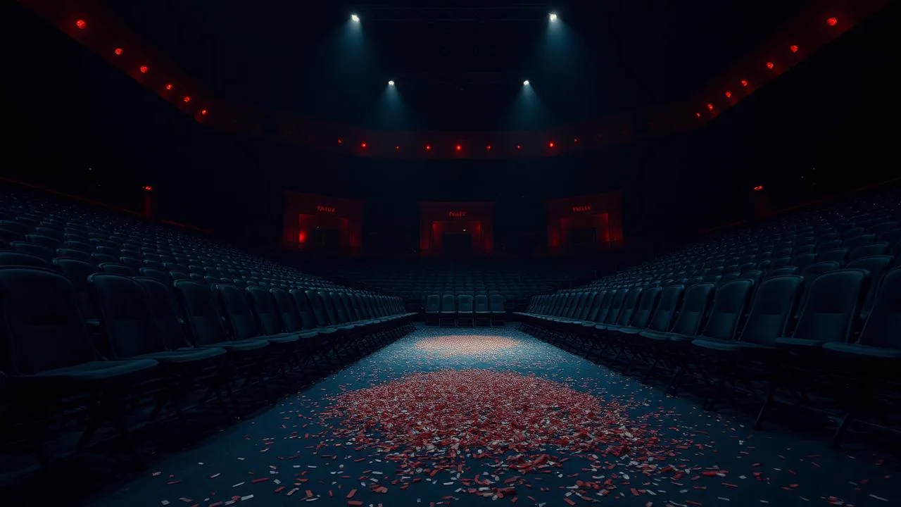 An emptying arena after an event with confetti on the floor under red house lights