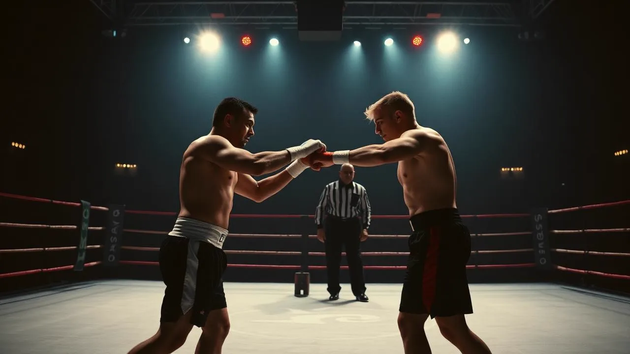 Two fighters touching fists at ring center with a referee behind them
