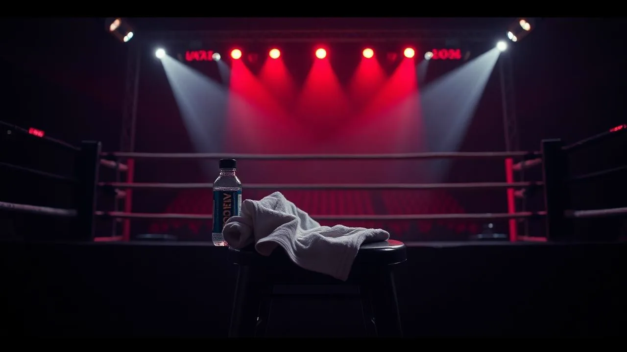 A corner stool with a towel and water bottle in an empty ring under red arena lights