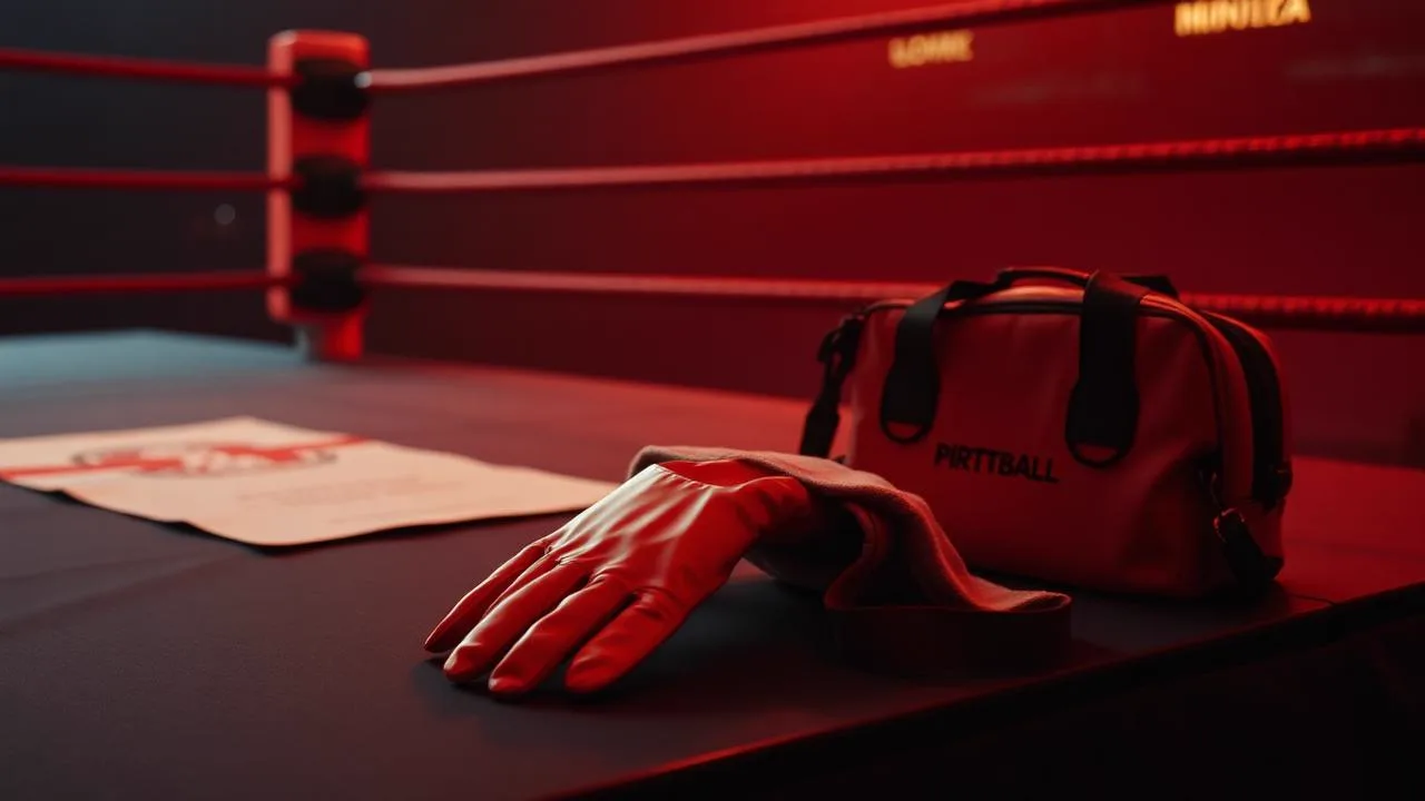 A ringside physician's gloves and medical bag on a table beside the ring