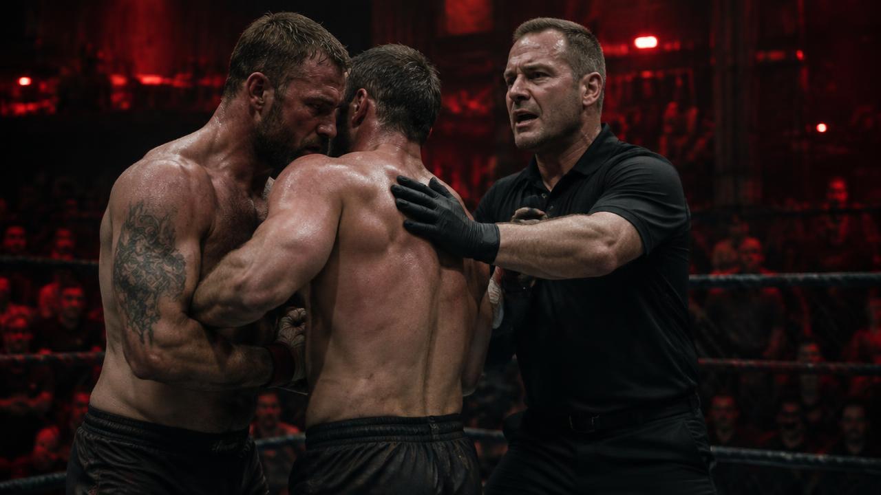 Referee separating two bare-knuckle fighters and warning them for holding, a foul that can cost a point
