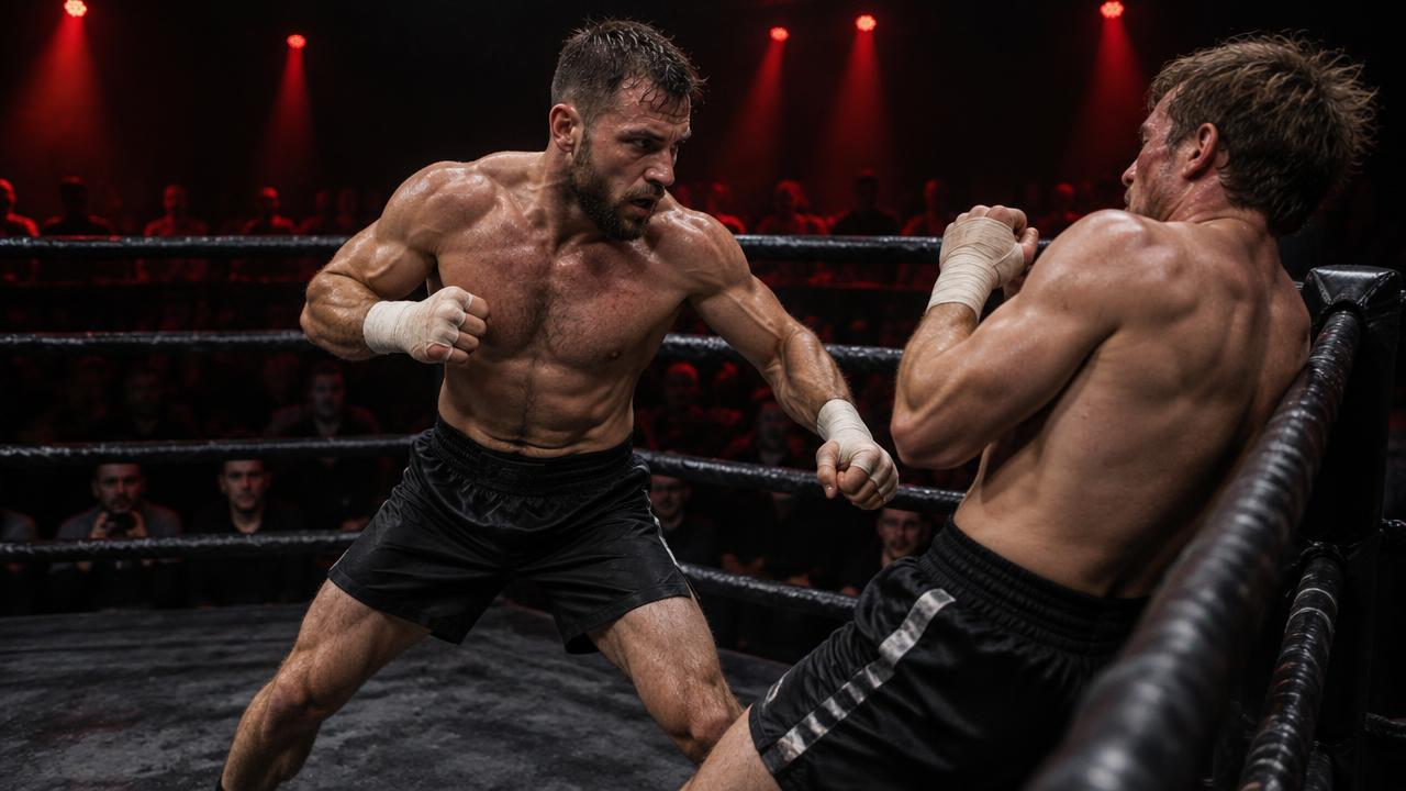 Bare-knuckle fighter showing ring generalship by walking his opponent back to the ropes in a small ring