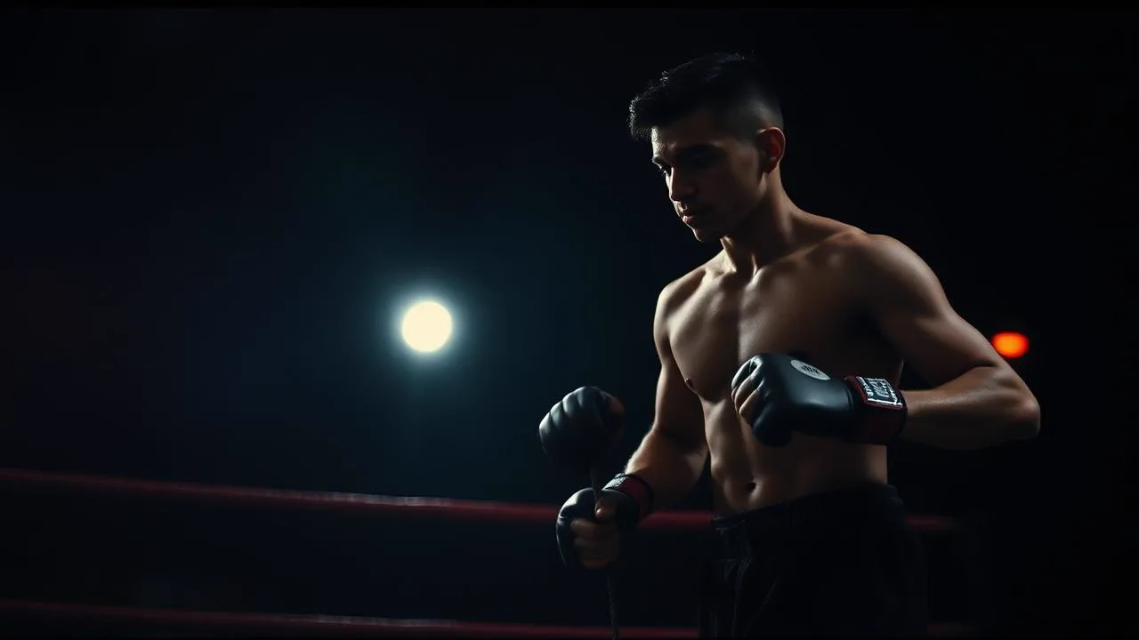 Young lean boxer skipping rope in a dark gym under a single light