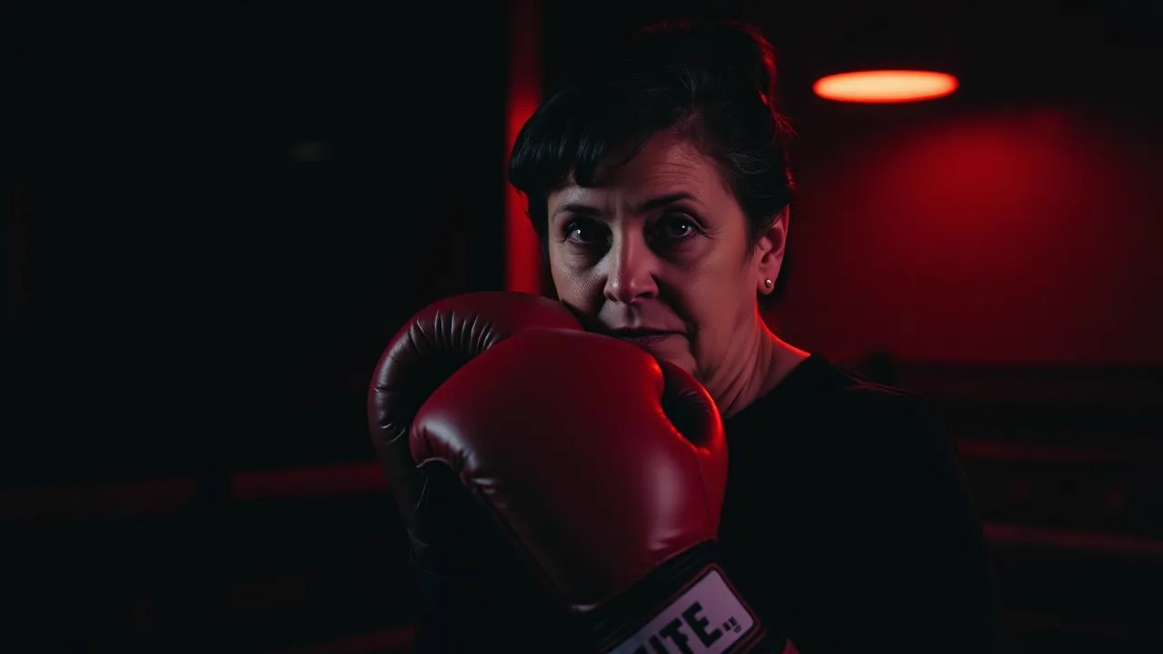 Portrait of an older coach holding focus mitts in a dark gym under red light