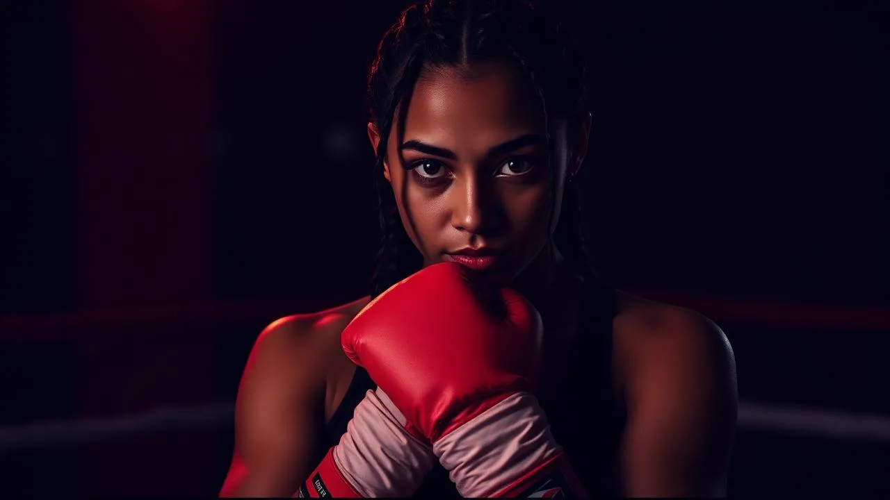 Portrait of a female boxer with braided hair, red rim light, dark gym background
