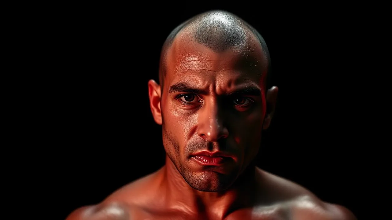 Portrait of a shaven-headed boxer lit with red rim light against black