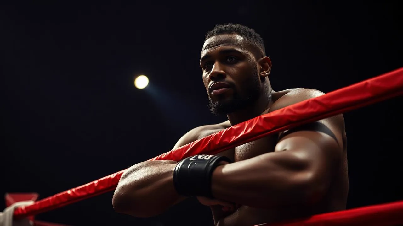 Heavyweight boxer resting on red ring ropes in a dark gym
