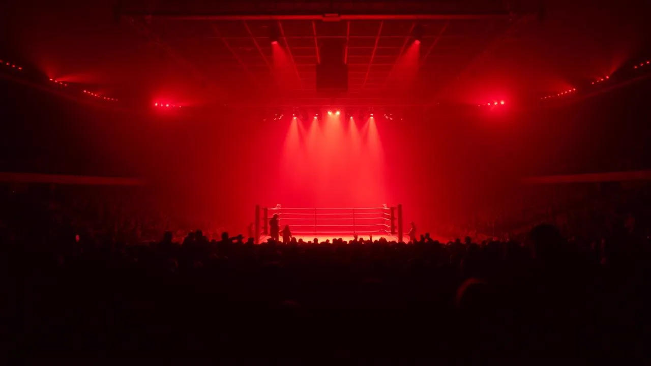 Silhouetted arena crowd under red haze facing a lit boxing ring