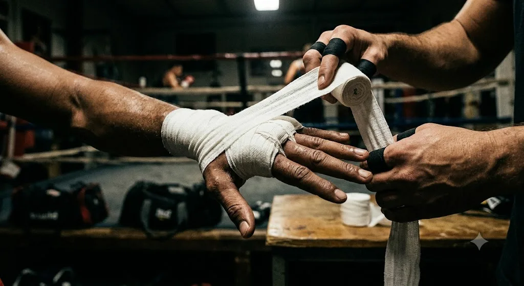 Close-up of a fighter's hand being wrapped in white gauze under overhead light