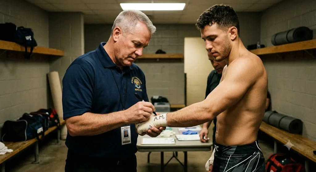Inspector initialing a fighter's wrapped hand before a bout